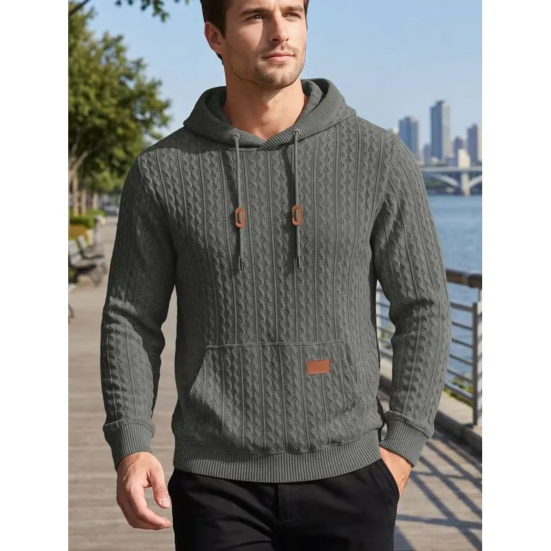 Men'S Knitted Hooded Sweatshirt With Sleeve Pocket Leather Label Drawstring Sports Pullover Casual Daily Wear view 6