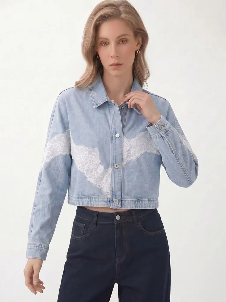 HH Womens Loose Blue Denim Jacket Lace Trim Long Sleeve Button Front Cropped Coats Date High Street Casual Summer Vacation Coat view 2