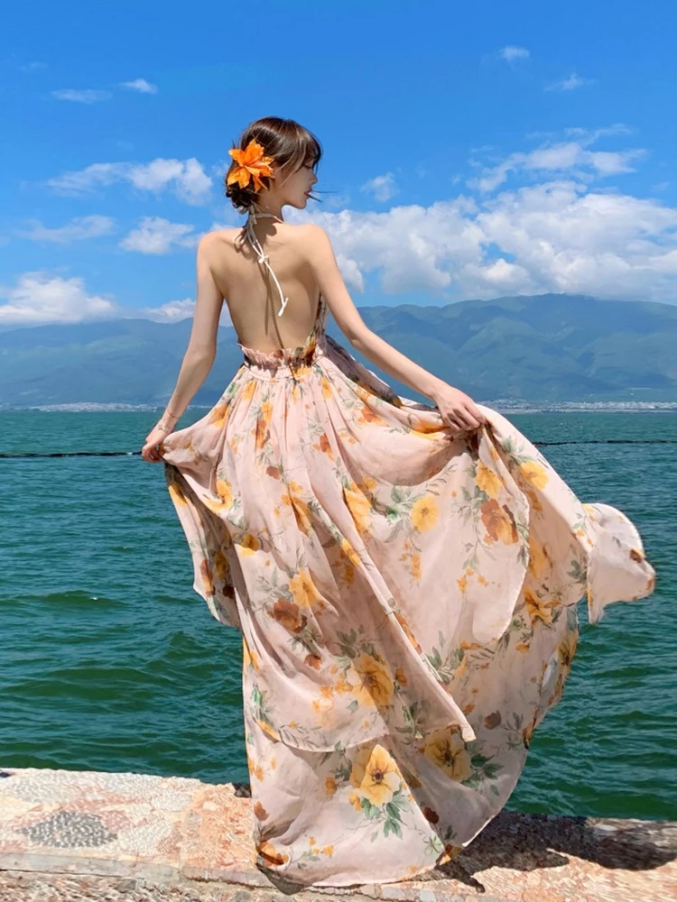 바이온 트래블 플로럴 프린트 오프숄더 롱 드레스 비치 포토 아우토레스 아일랜드 드레스 소프트 시폰 하이웨이스트 썸머
