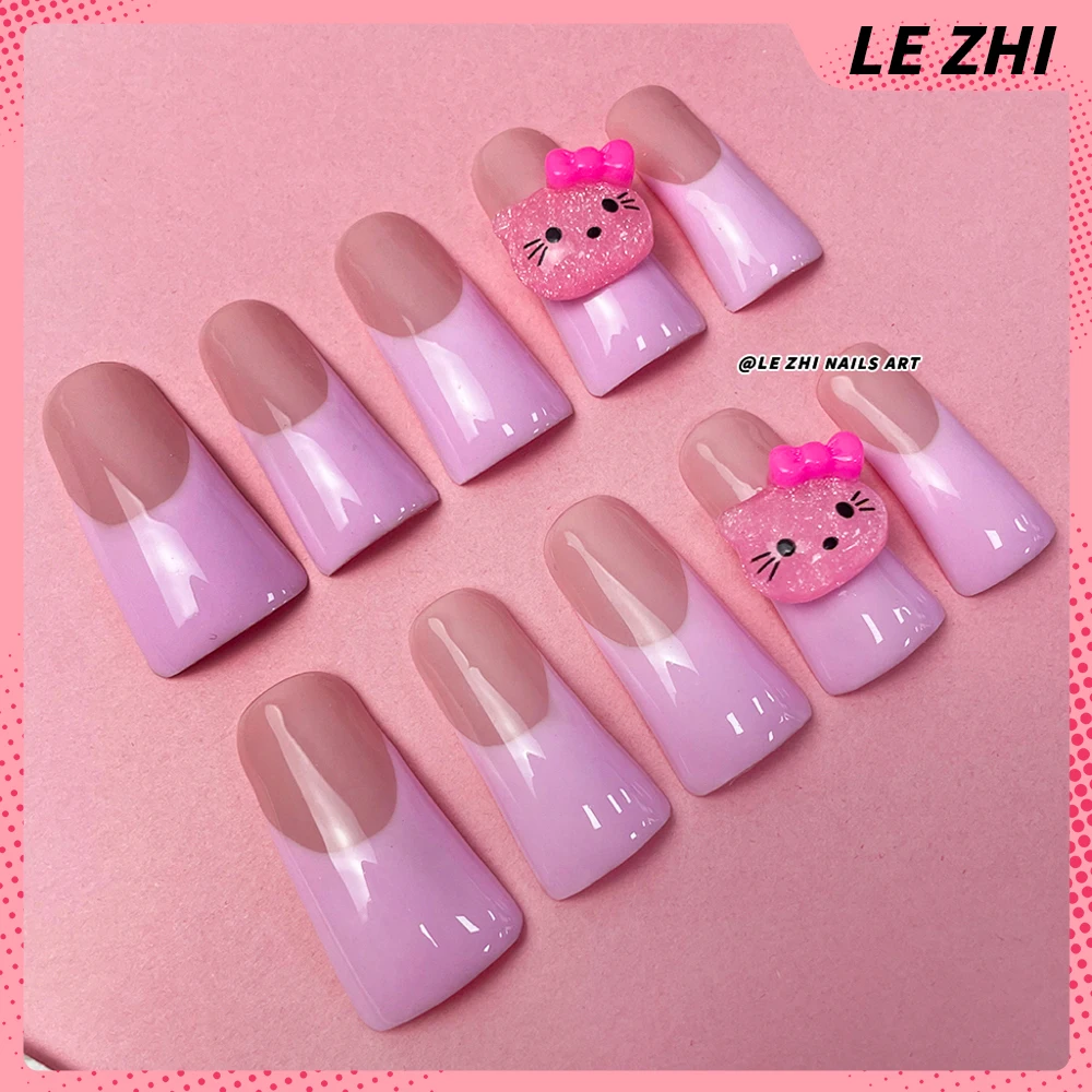 French Duck Web Hello Kitty Press on Nails Simple Black Pink White Handmade Full Cover Nail Art Ballerina Customizable Nail Gift