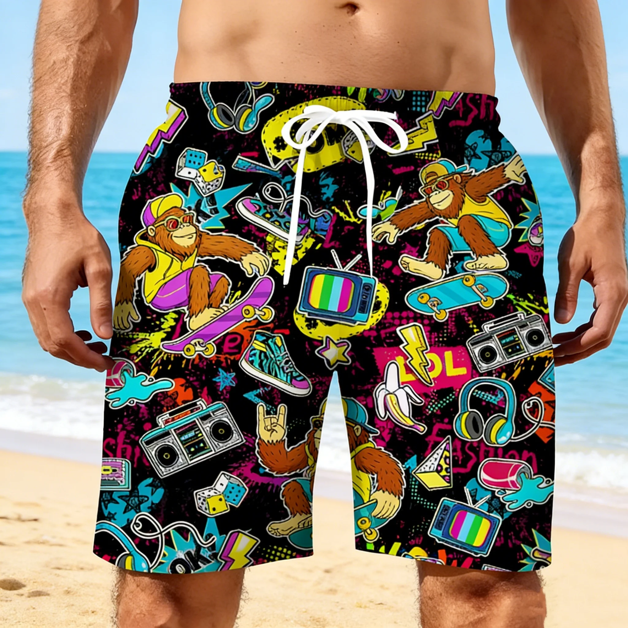 Men Summer  Short Vintage 80s Music  Art Hawaiian 3D Printed Shorts Men's Music Graphic Short Pants Breathable Swim Loose Shorts