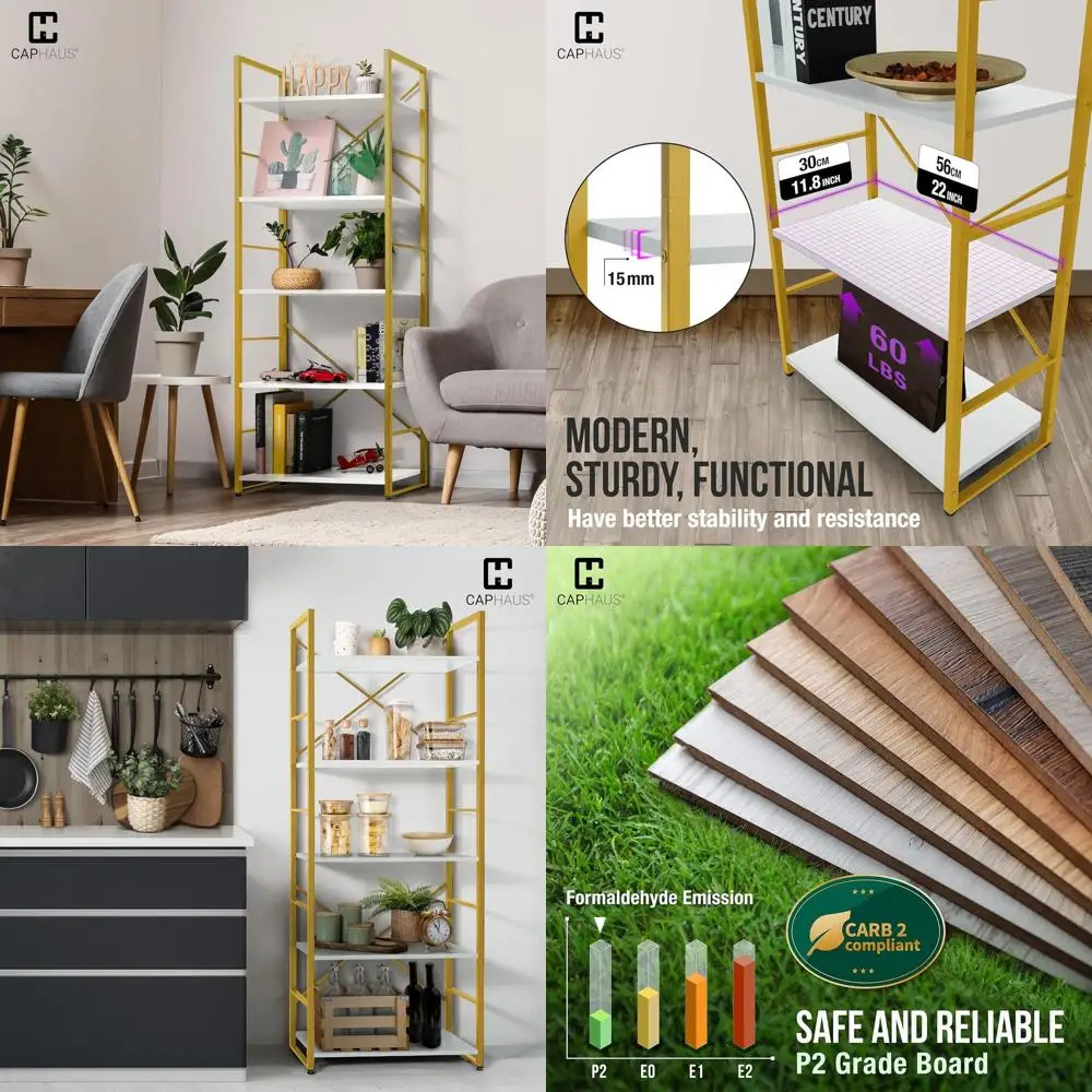 

5-ярусная книжная полка, ширина 24 дюйма, напольный органайзер для хранения, подходит для дома, офиса, гостиной, кухни, белые деревянные полки