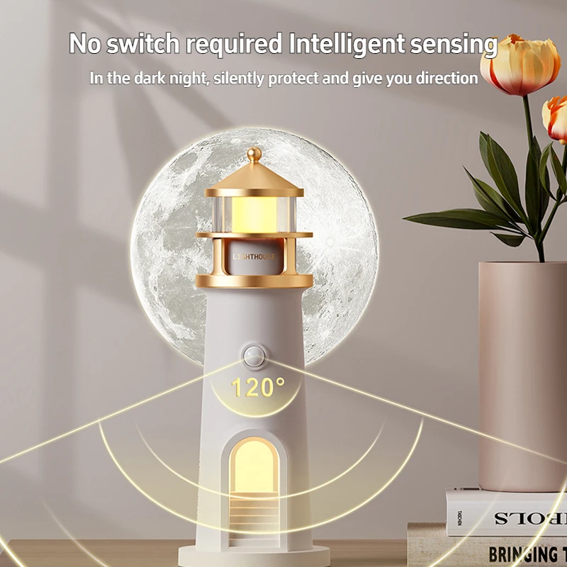 Moon Projection Light Lighthouse Motion Sensor Nightlights Remote Control Fake Candle Lamp Room Decoration Entryway Decor Lights