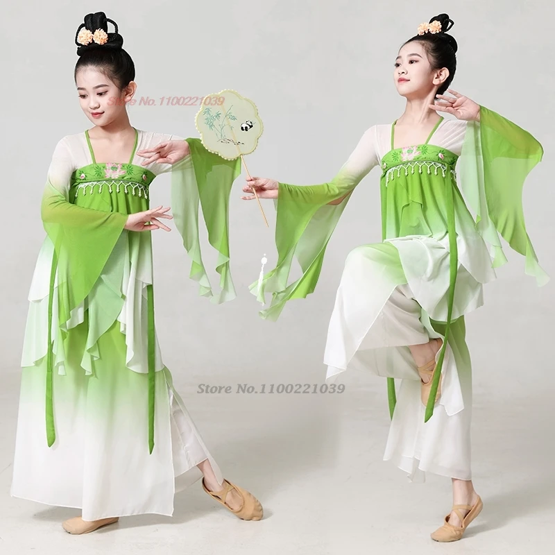 

2025 chinese children folk dance costume gradient color hanfu tops+pants set traditional fairy dress stage performance dress