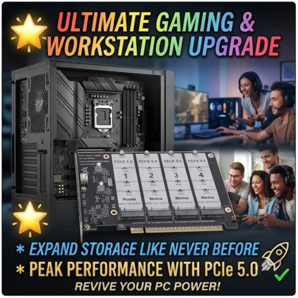 

PCIe 5.0 X16 to 4 Port M.2 NVMe SSD Adapter Card Support Raid Bifurcation Expansion Board with Active Fan for High Speed PC