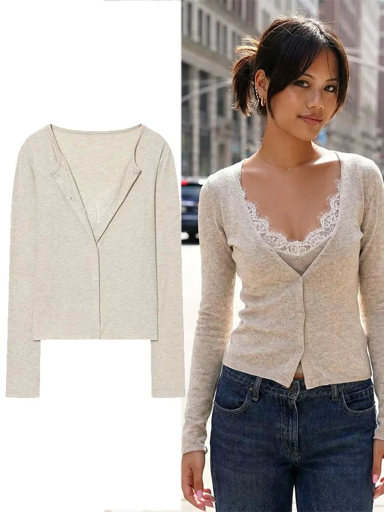HH Women Fashion Lace V Neck Cropped Cardigan Coat Long Sleeve Button Knit Sweater Spring Casual Streetwear Lady Slim Knitwear
