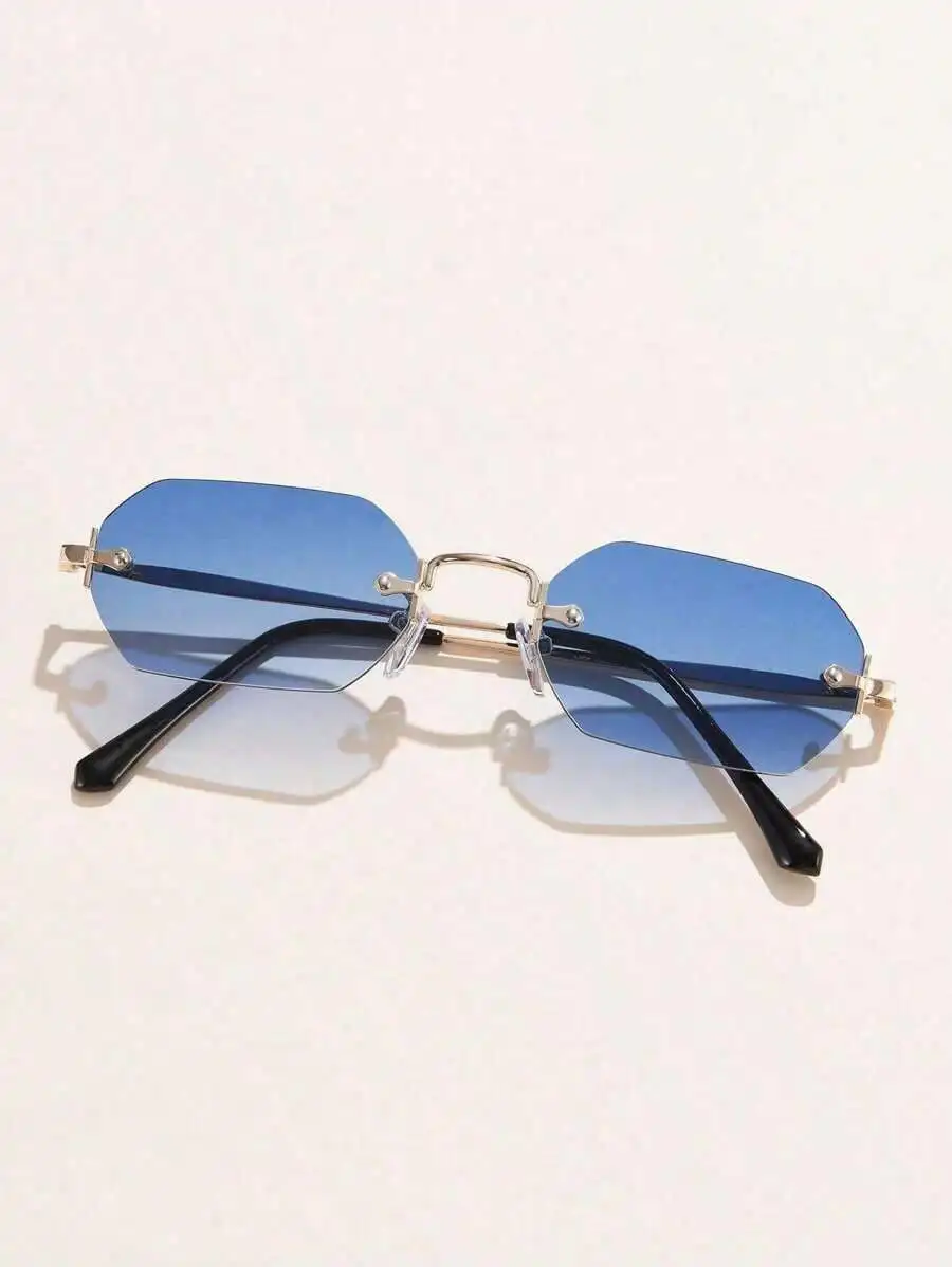Mens Small Polygon Rimless Fashion Sunglasses Blue Gradient Lens Gold Tone Metal Frame view 2