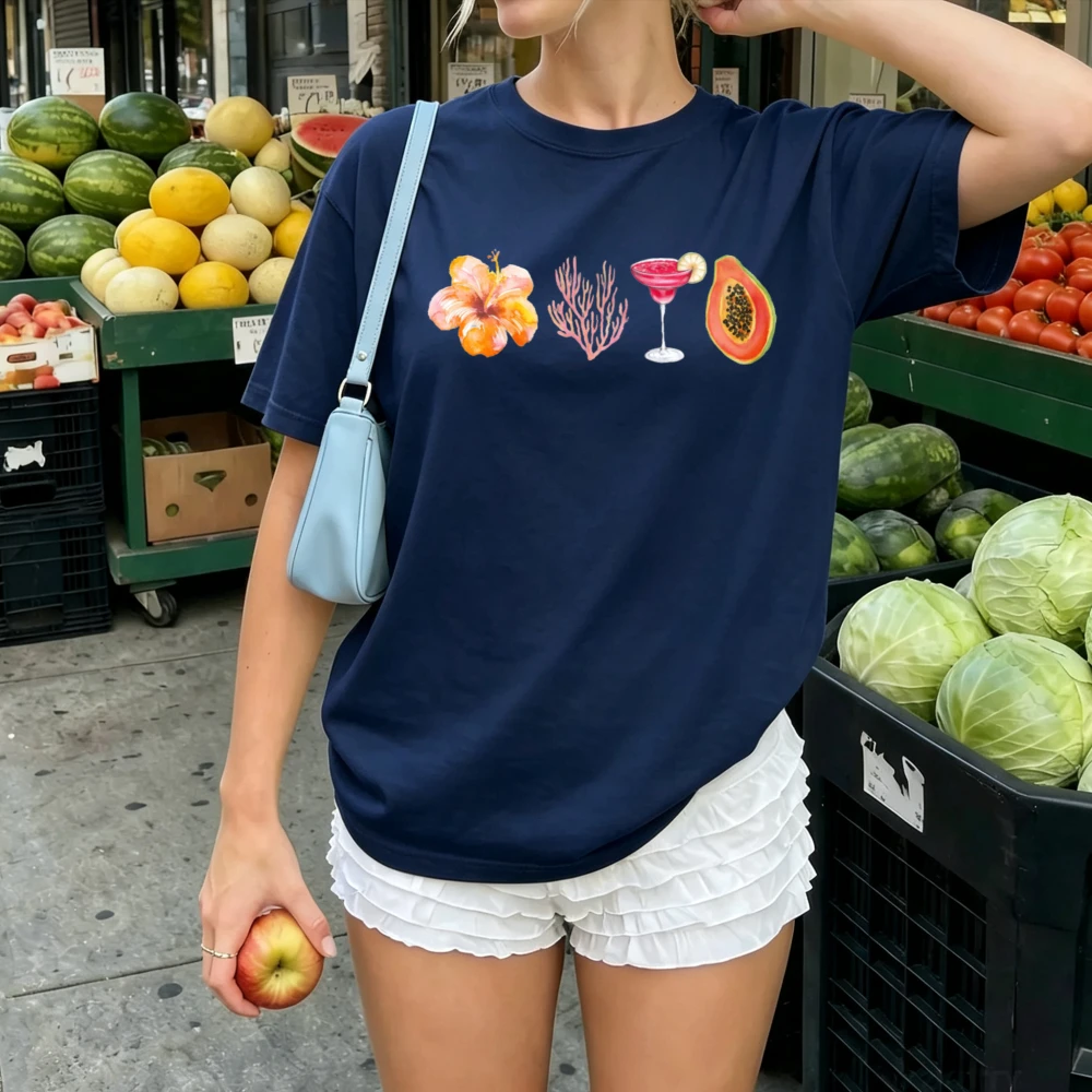 Tropical Hibiscus Coral Cocktail Papaya Watercolor Print T Shirt Women Beach Vacation Fruit Drink Floral Short Sleeve Casual Top