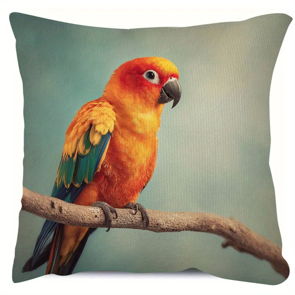 Vibrant Sun Conure Parrot Double-Sided Pillowcase, Detailed Feather Bird Pattern Cushion Cover with Zipper, Washable Decor Case