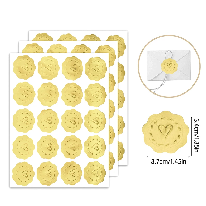 

5Pcs Per Sheet, 20 Stickers Per Sheet, Single Sticker 1.45In*1.35In, Gold Embossed Heart Envelope Sealing Stickers, Gift Decoration Gold Embossed Label Stickers