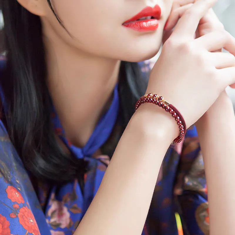 

Benmingnian Red Rope Bracelet for Women New Chinese Style Retro Double Layer Wine Red Rope Original Niche Lucky HandString Gifts