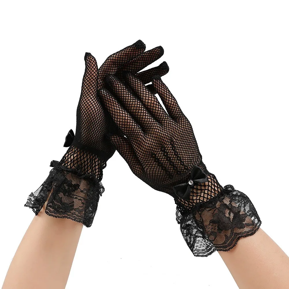 New Lace Fishnet Gloves Mesh Breathable Bride Gloves Stretchy Bow Design Stage Performance Gloves Ladies