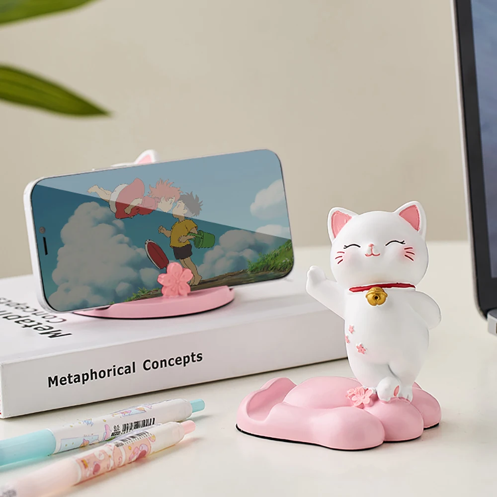 

Kawaii Room Decoration Cartoon Cat Mobile Phone Holder Decoration Office Desk Accessories Miniature Items Resin Crafts Gift