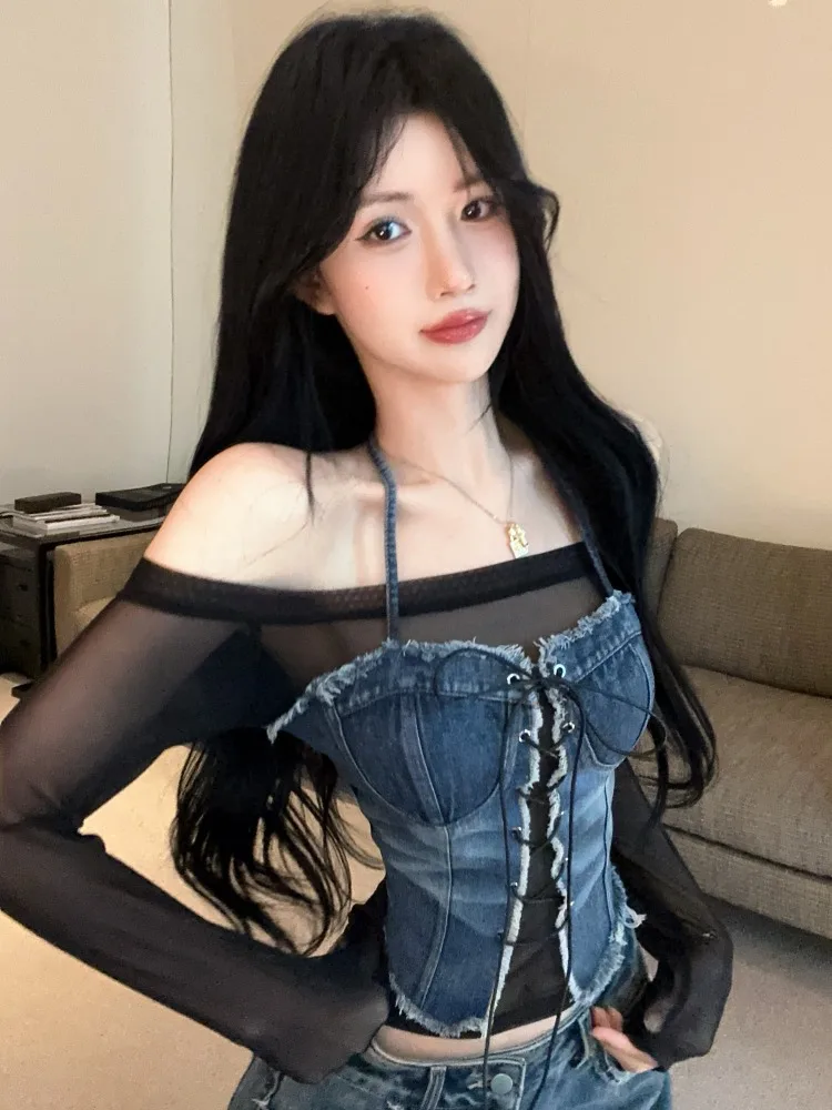 

Sexy Spicy Girl Retro Denim Patchwork See-through Mesh Long Sleeve T-shirt Top Spring Autumn Slimming Versatile Alluring Top