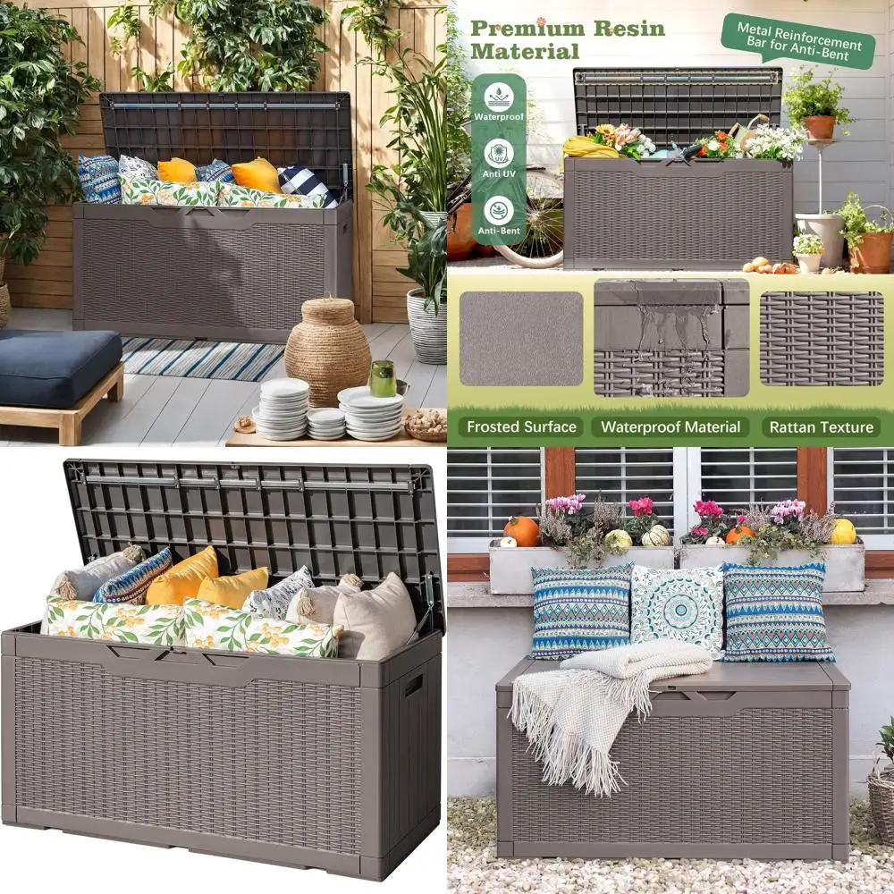 

100 Gallon Weatherproof Deck Storage Box with Lock, Suitable for Patio, Tools, and Pool Gear (Brown)