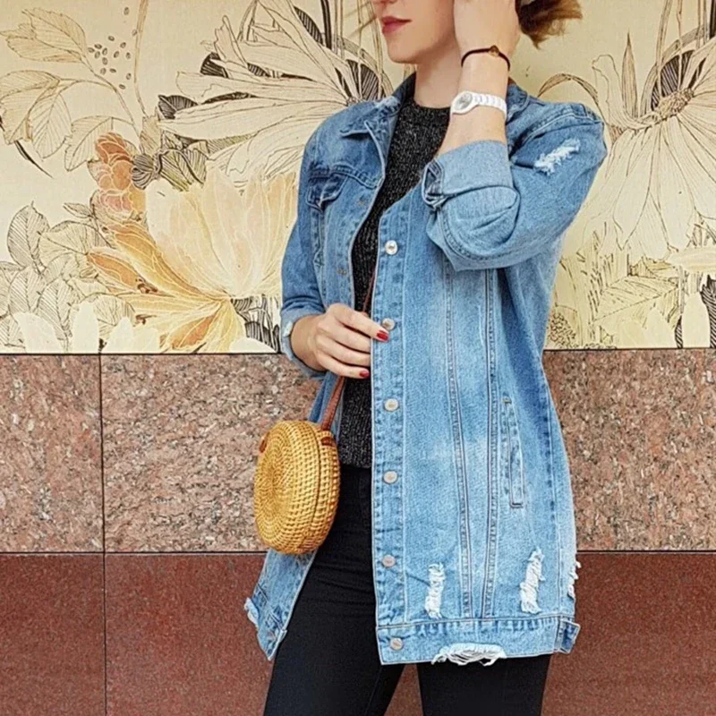 Women Ripped Hole Boyfriend Oversize Light Blue Long Denim Jacket Spring Autumn Loose Long Jeans Coat Jean Jackets