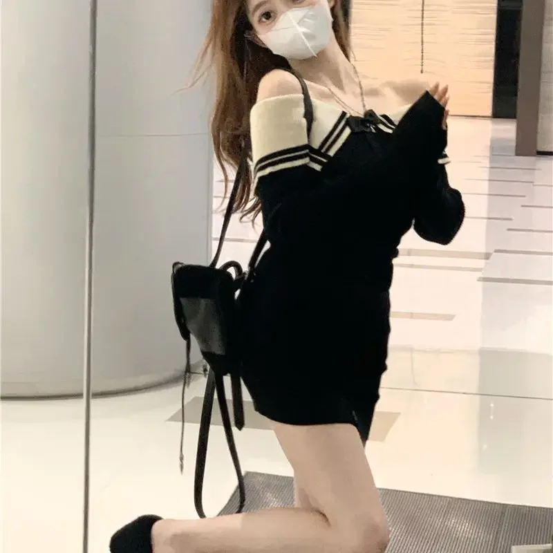 One Shoulder French Dress for Women's Autumn Haute Couture Slim Fit Long Sleeved Knitted Wrap Buttocks Dresses Female Clothing