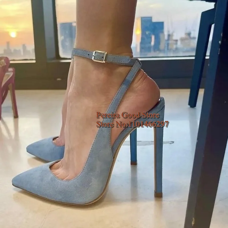 

Blue Suede Ankle Strap High Heel Pumps Stretch Fabric Pointed Toe Stiletto High Heels Evening Banquet Party Shoes