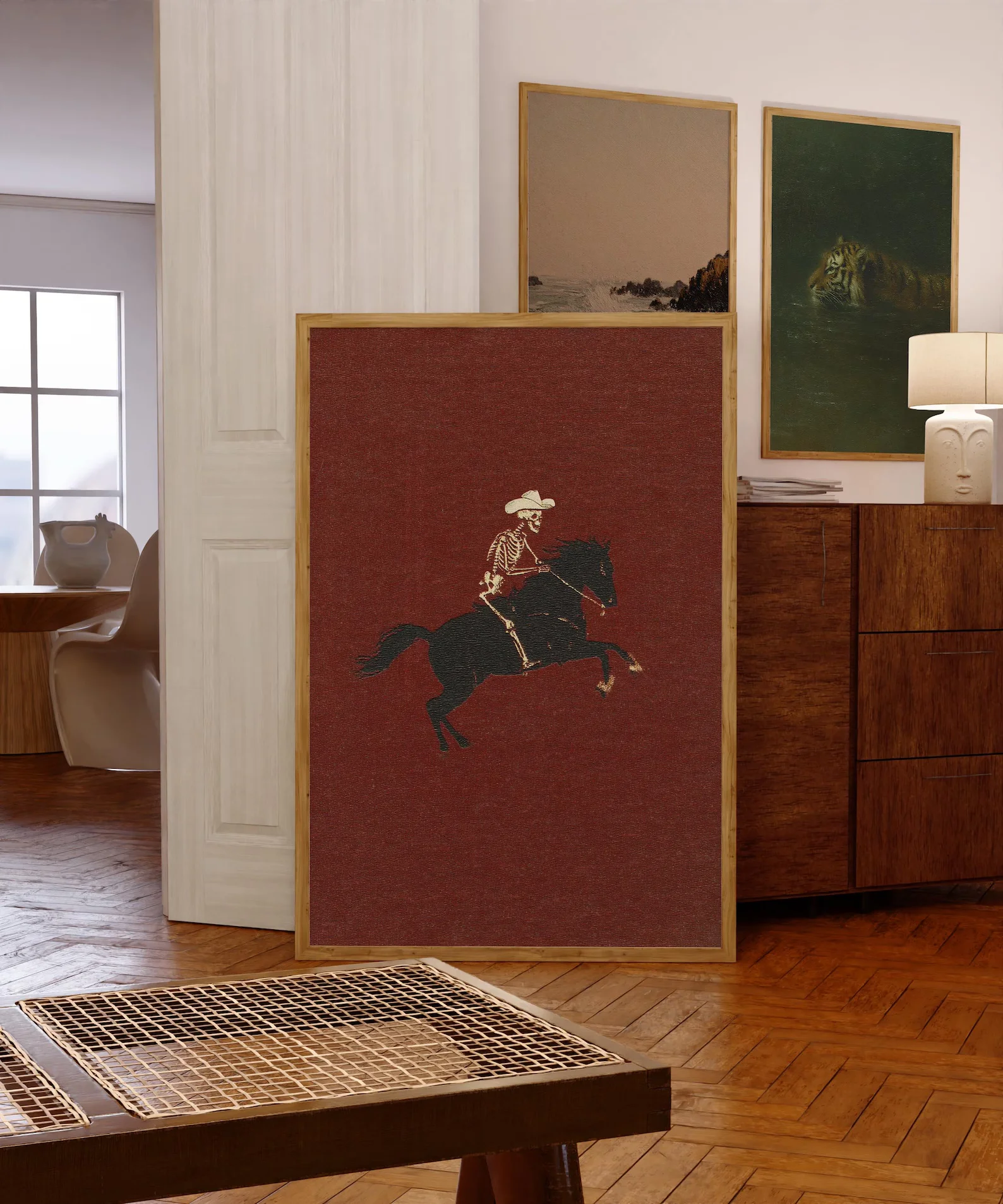 Ilustrasi Koboi Kerangka Cetak Bronco Menggoyang-goyangi Kuda Dekorasi Dinding Gotik Poster Kuda Seni Unik Poster Barat Seni Rodeo Retro Cowgi