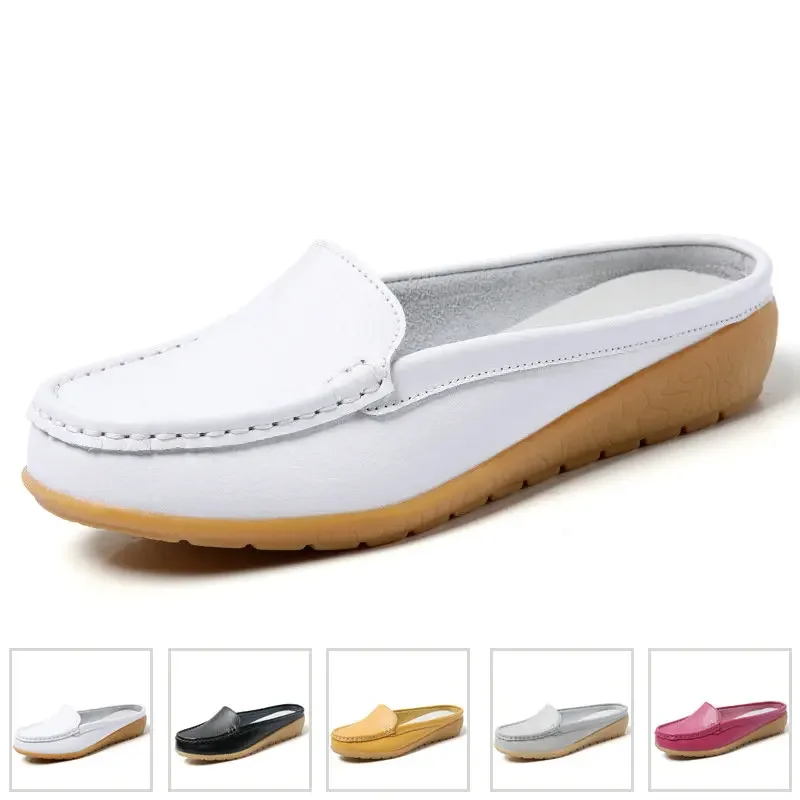 Summer Genuine Leather Women Flats Hollow Slip On Leather Loafers Ladies Shoes Korean Style Soft Moccasins Half Slippers Size 43