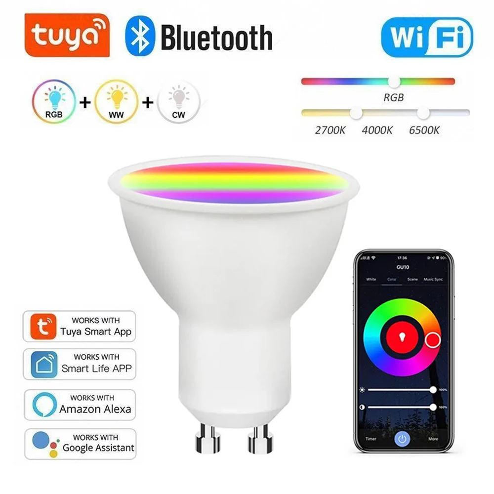 Tuya WiFi GU10 สมาร์ทหลอดไฟ LED บลูทูธ GU10 หรี่แสงได้ Smart Life App Control Spotlight หลอดไฟทํางานร่วมกับ Alexa Google