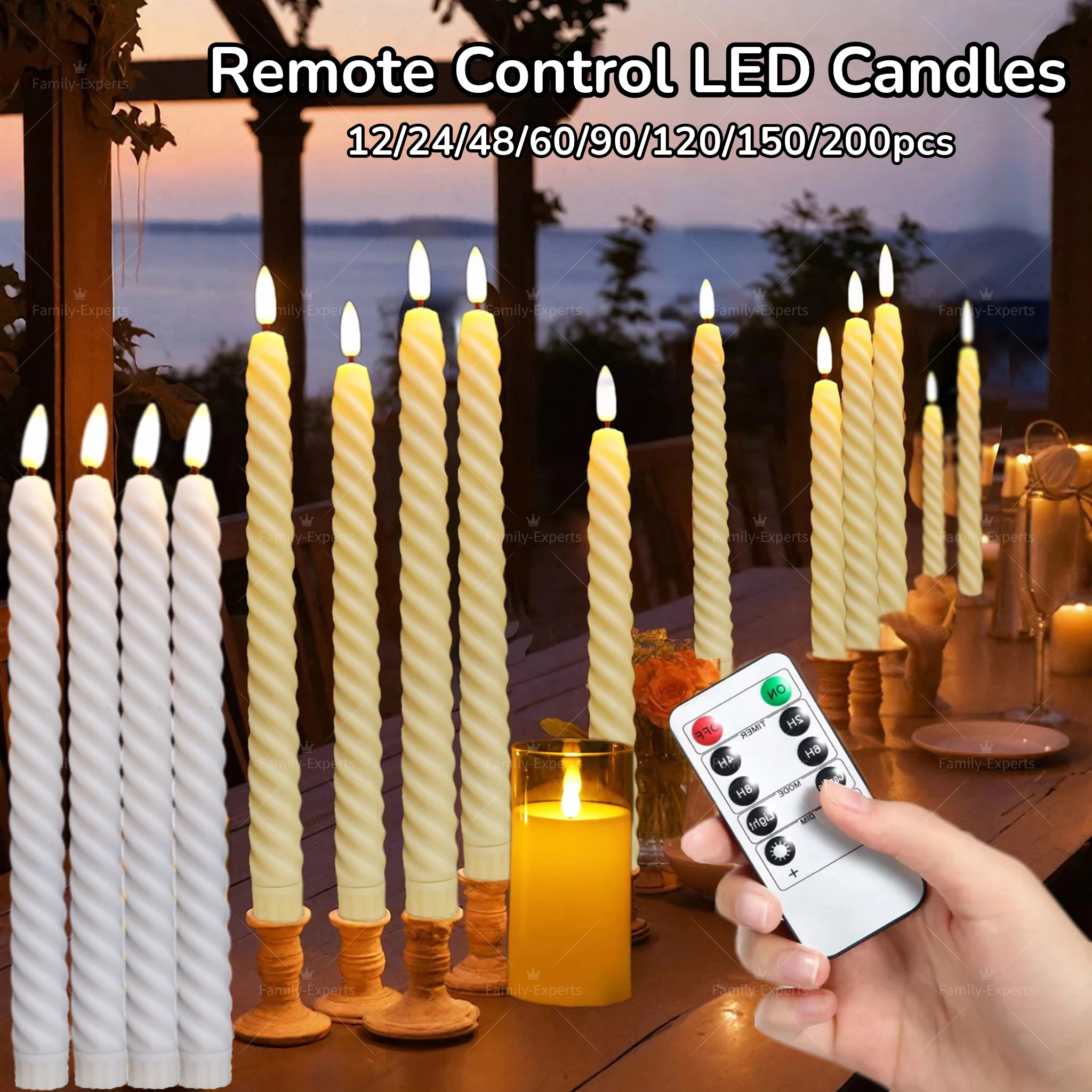 

12-200PCS Flameless LED Candles Battery Powered 3D Flickering Taper Candlesticks Wedding Decor Candle with Remote Control Timer