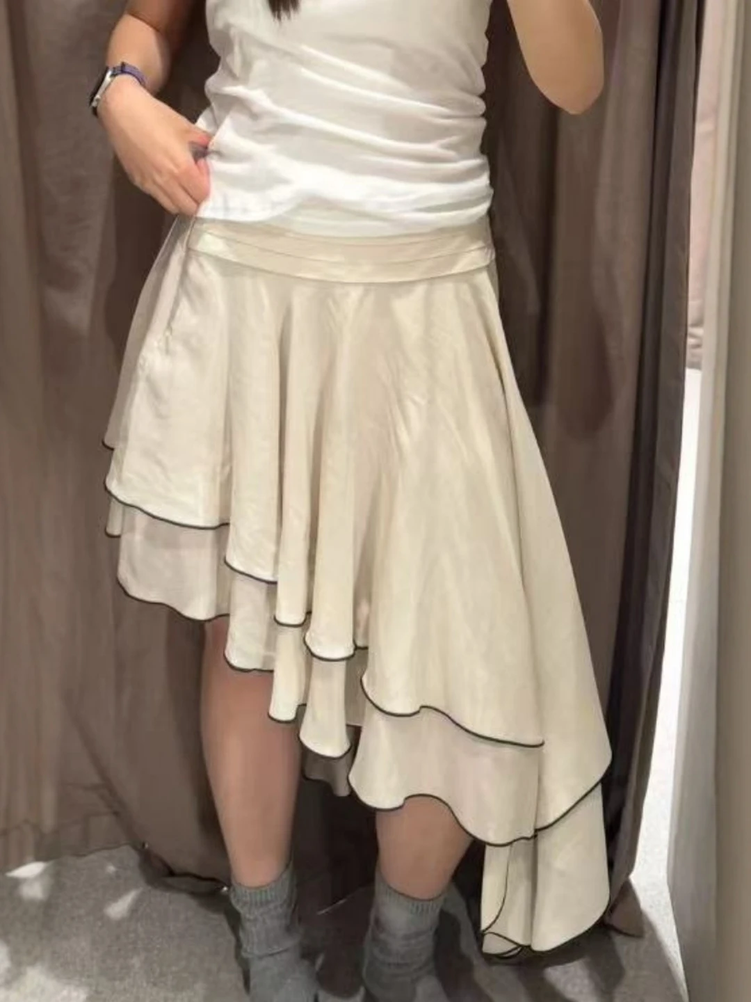 Asymmetric Pleated Decorative Beige mid Waist Skirt for Women Commute Style Standard Fit Summer Pure Color Other Material