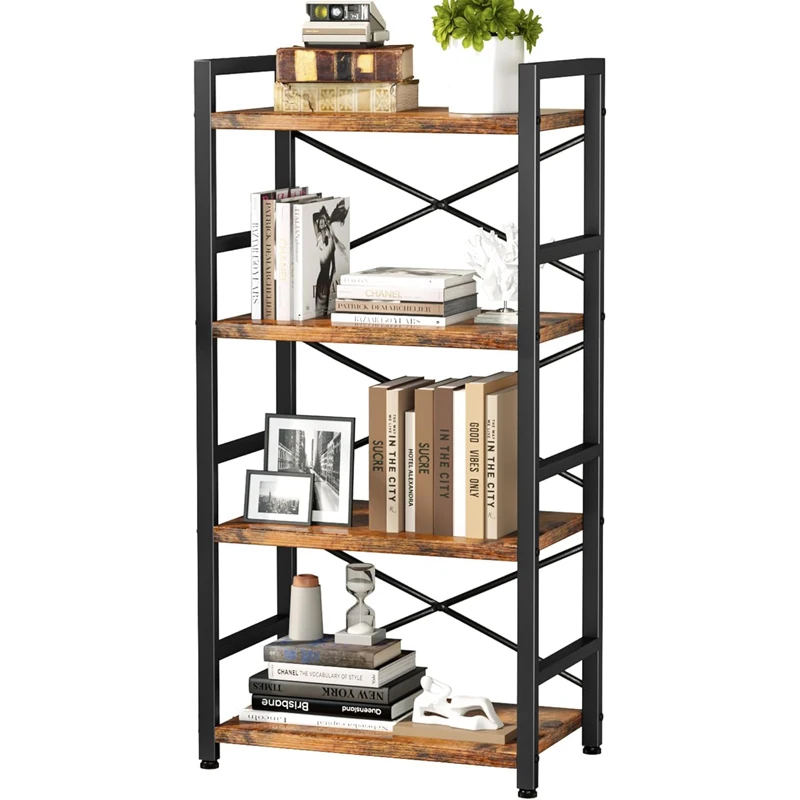 Bookshelf, 4 Tier Industrial Bookcase, Metal Small Bookcase, Rustic Book Shelf Storage Organizer for Living Room, Bedroom, and H