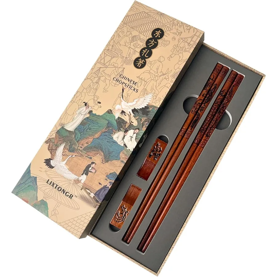 

Набор из 2 пар многоразовых деревянных палочек для еды, ручная работа, дизайн дракона и феникса, безопасные для еды, нетоксичные японские корейские палочки для еды с N