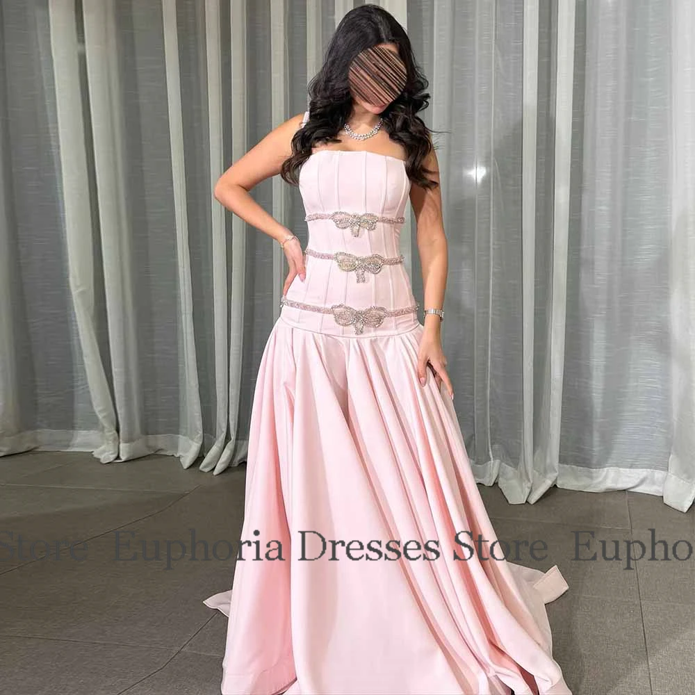 

Dubai Luxury Prom Dresses 2025 Jersey A-line Graduation Dress Pink Strapless Beads Ruched Fishbones Sorority Formal Dresses Long