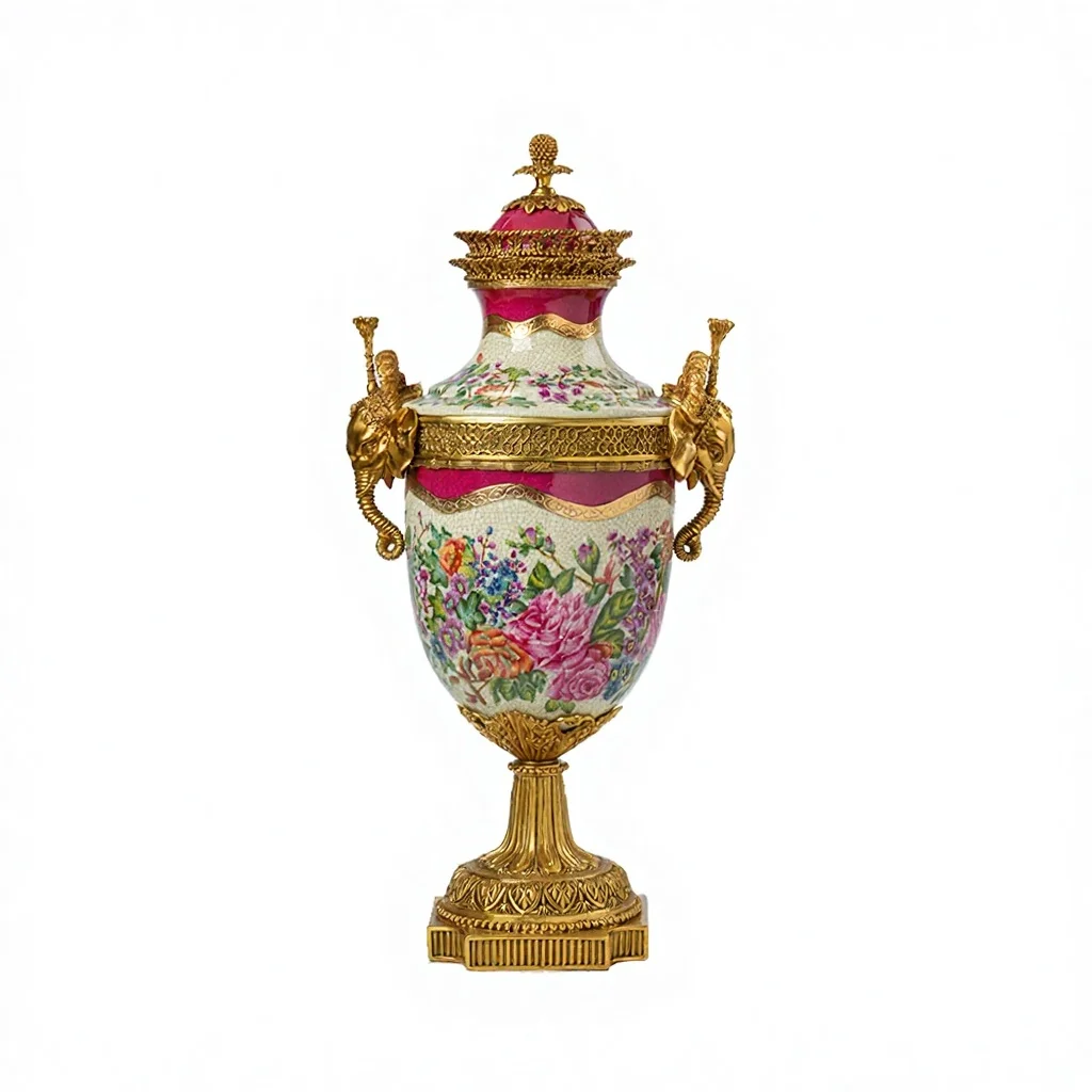 &c Handicraft Chinese Antique Porcelain Floor Vase with Brass Handles Traditional Design Tabletop Decor Personalized Service