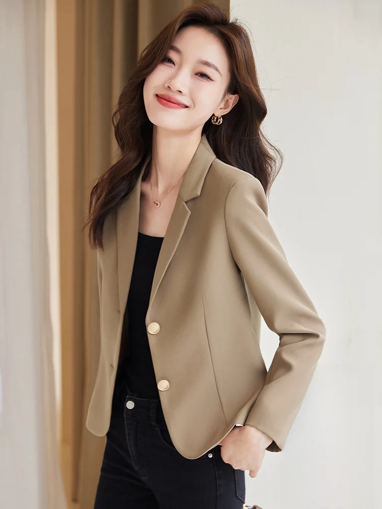 

Caramel Color Women's Suit Jacket Casual Style Autumn Winter New Arrival Short Size Fashionable Commute Wind Button Detail