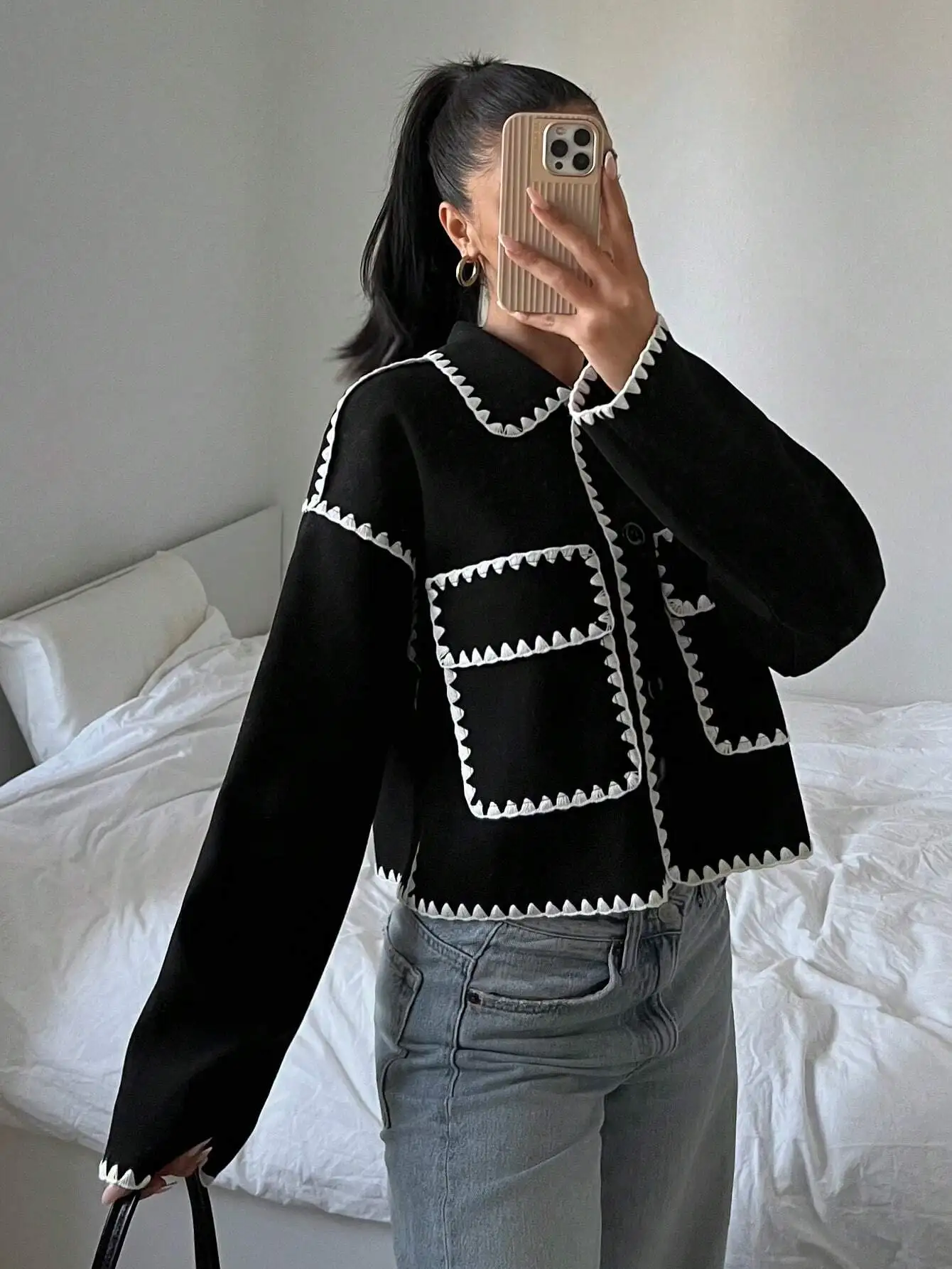 

Black Cropped Jacket with White Contrast Trim, Fall/Winter Style