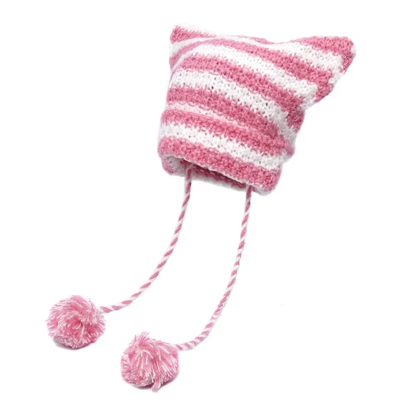 Harajuku Punk Gothic Beanie Hat Little Devil Striped Knitted Cat Ear Hat Fashion Designer Women's Hats Winter