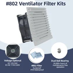 802 Ventilation Cooling IP44 Fan Louvre 92x92x38mm Dual Ball Ventilator Filter Kits for Cabinets/Server Racks 12V/24V/115V/230V
