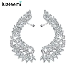 LUOTEEMI Trendy Personality Ear Clip for Women Luxury Cubic Zircon Angle Wings Stud Earrings Unusual Earrings for Bridal Wedding