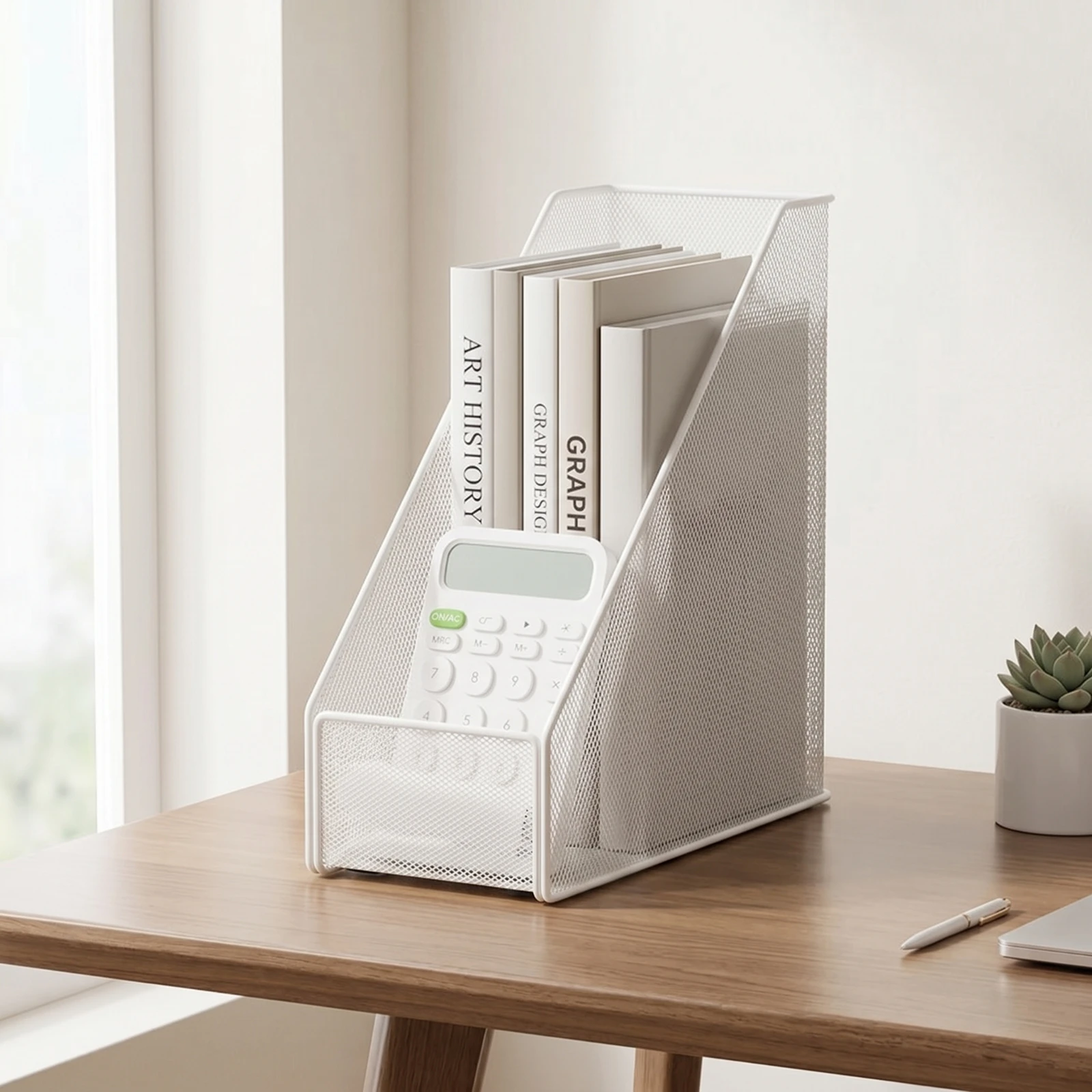 Magazine Holder with Front Compartment Metal Mesh File Holder Desktop File Organizer Upright Compact for Professionals, Office