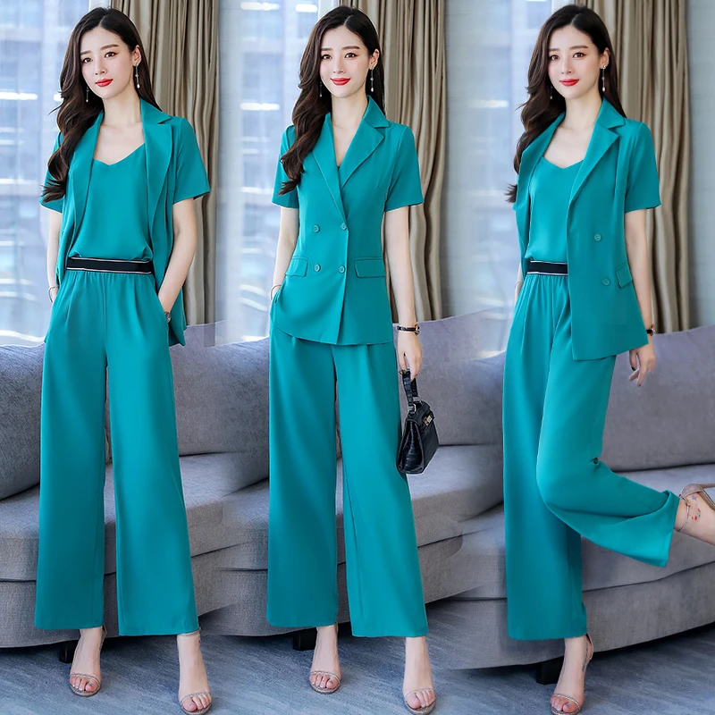 2022 Summer Women Three Pieces Suits Elegant Double Breased Blazer Suit Sets Ladies Short Sleeve Blazer Coat +Trouser +Tank