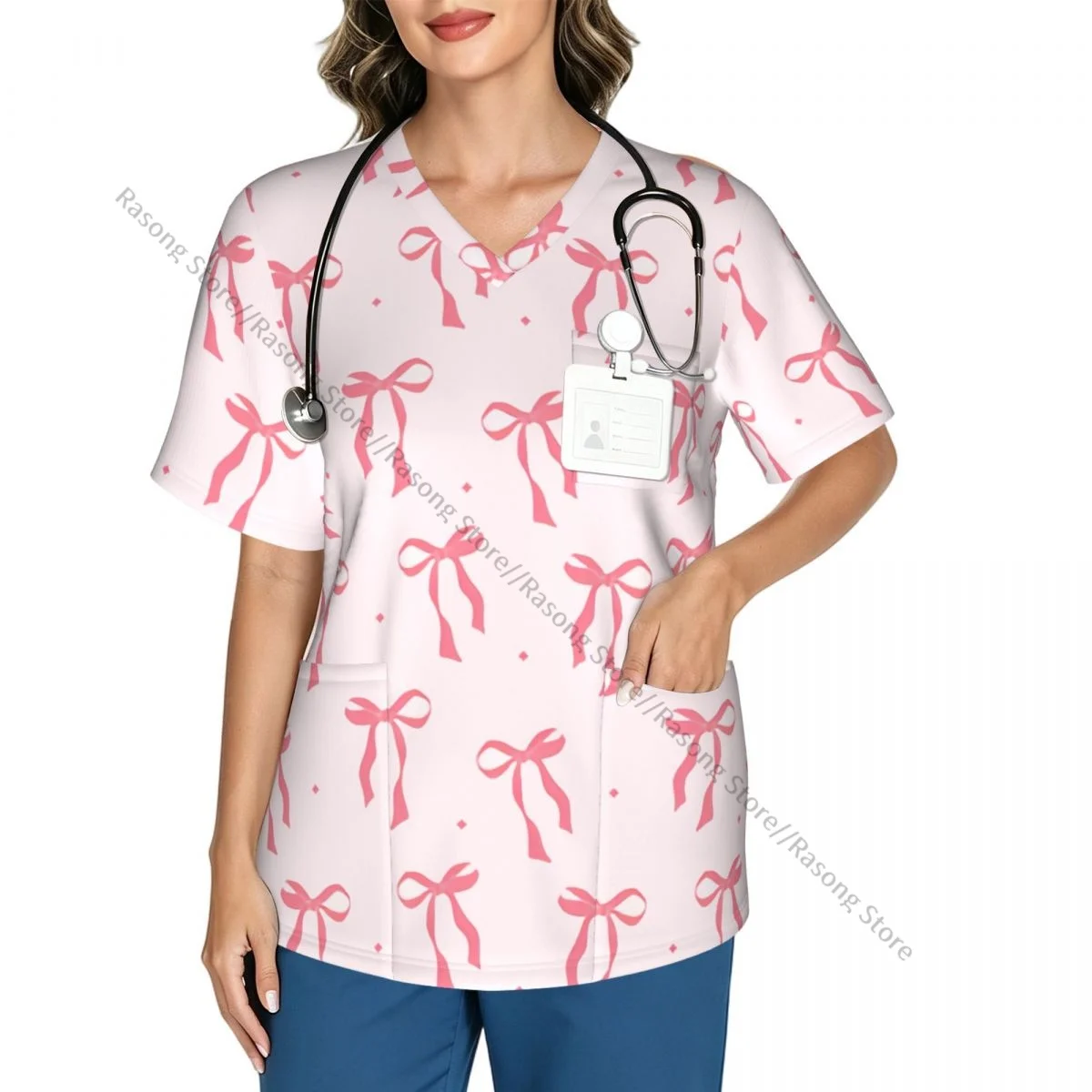 Cute Coquette Aesthetic Pattern Pink Ribbon Bow Scrubs tops medical uniforms women Stretch Scrub Shirt Dentist doctor Blouse