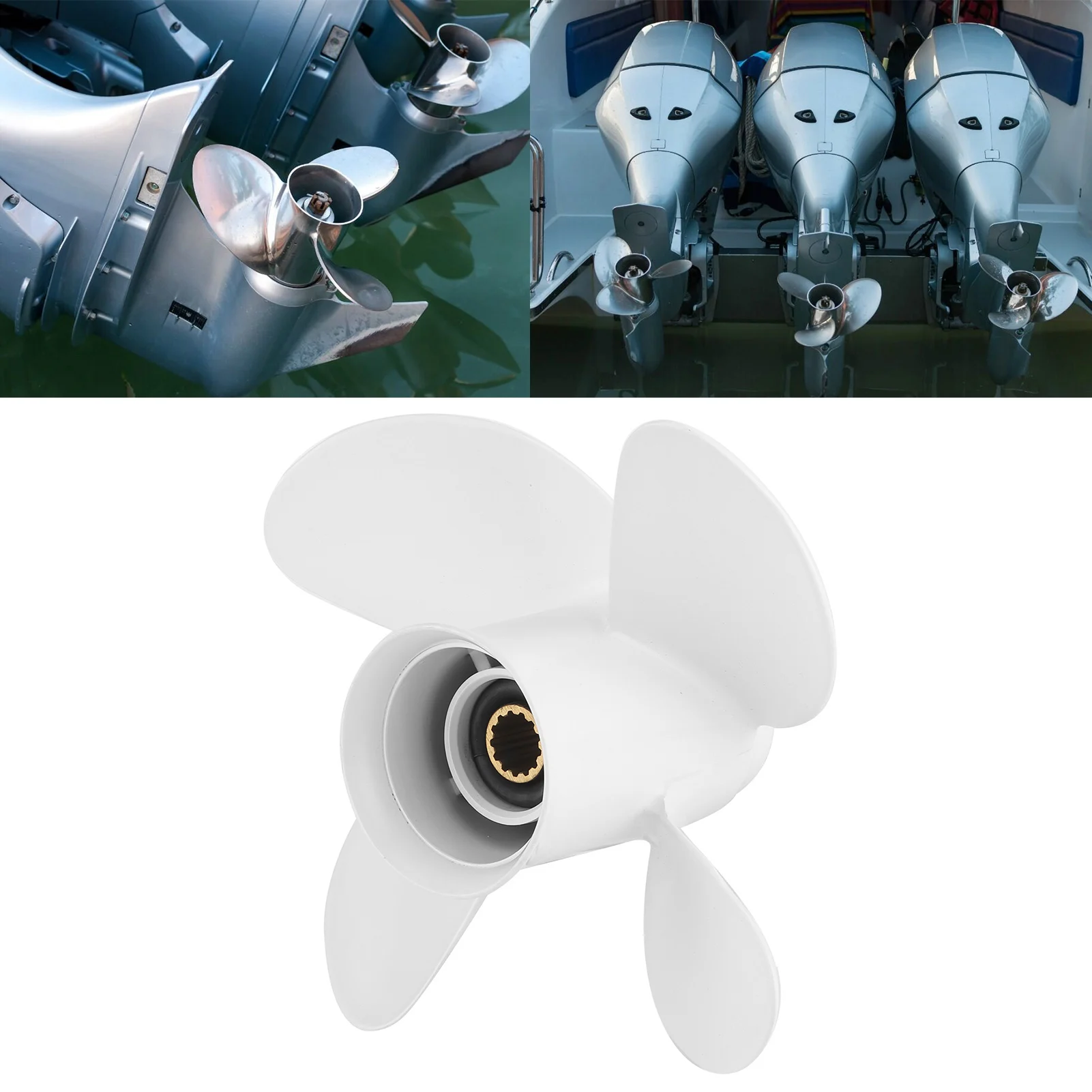 Marine Outboard Propeller 4 Blades 10 3/8x13in RH Aluminum Alloy Fit for Yamaha 25‑60HP Engine White 13 Spline Propeller