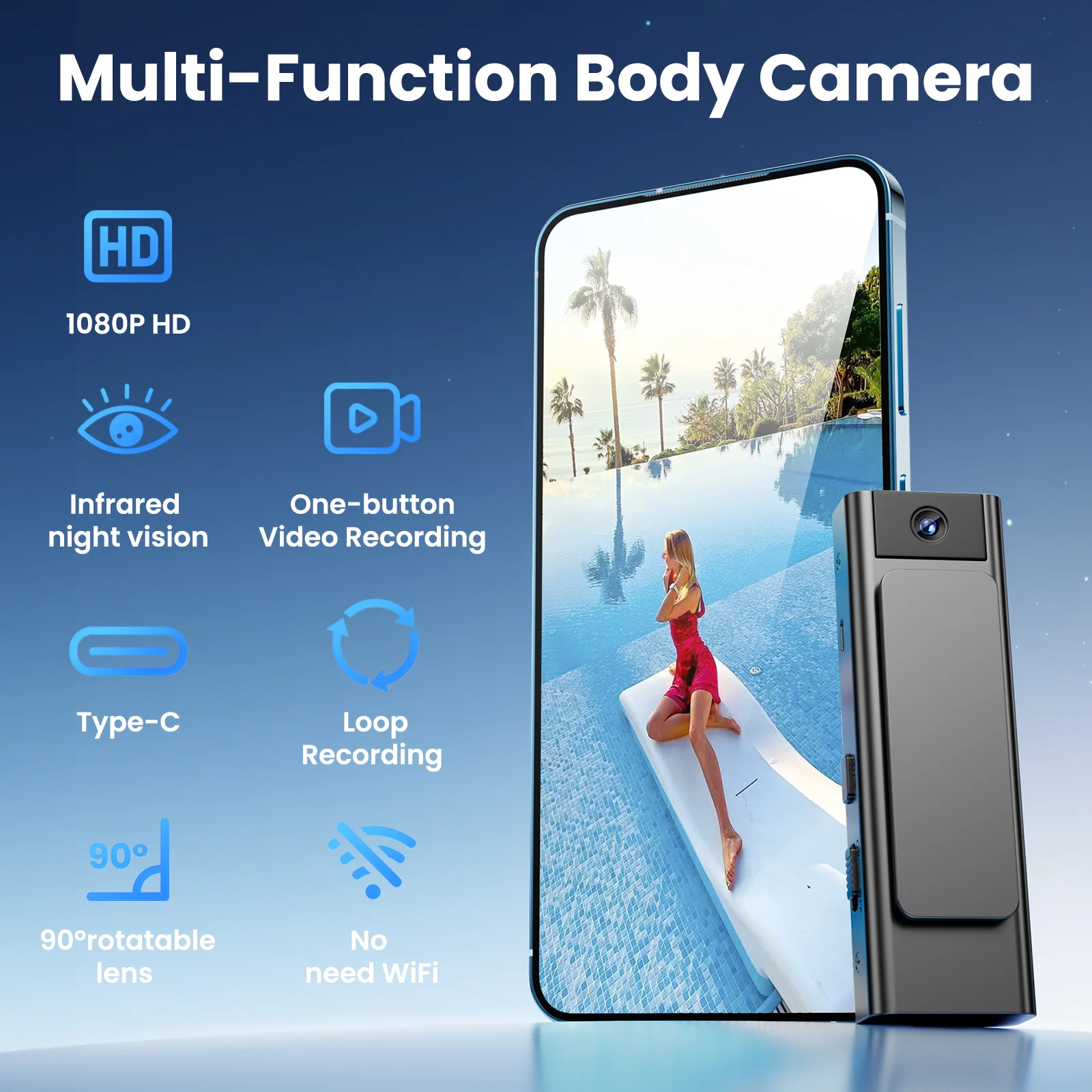 

Нательная камера с функцией записи звука и видео, 180 ° Поворотный объектив, подходит для занятий спортом, велоспорта, рыбалки и других видов активного отдыха - перезаряжаемый