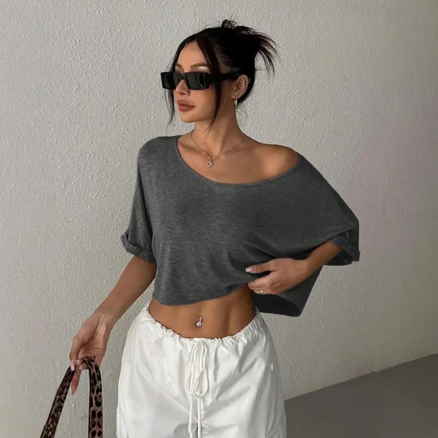 Women's ort Sve Cropped irt Loose Fit Polyester Fabric  Color T-irt European Sle Spring Summer Casual Wear