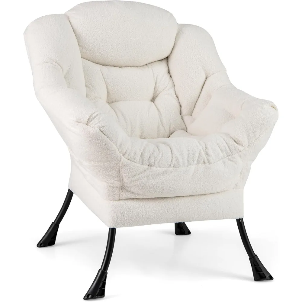 

Lazy Chair, Modern Sherpa Accent Chair w/Steel Frame, Upholstered Single Sofa Chair w/Armrests & Side Pocket, Leisure Re