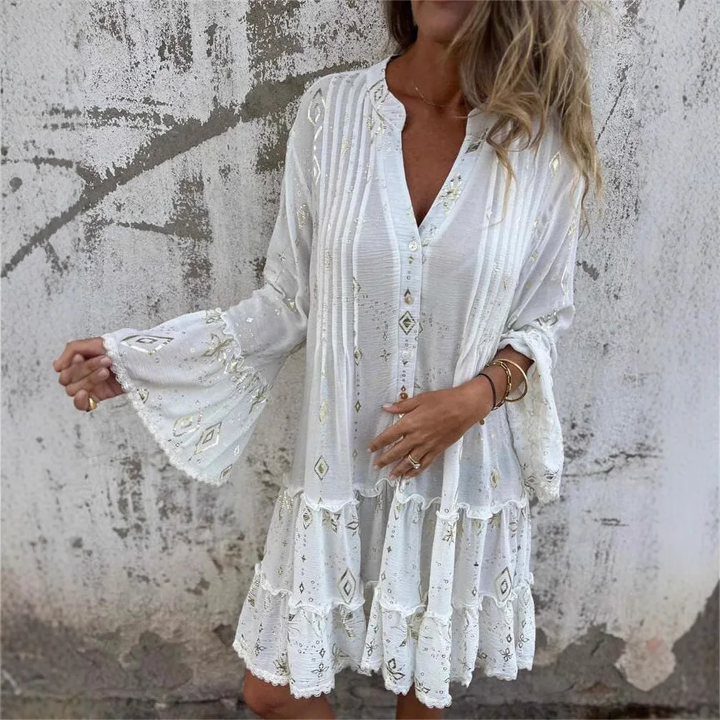 Faionable Pure Color Gold-Stamped Bell Sve Lace Hollow Out Large Size Frühling Herbst Dr Girl Sle Gestricktes Polyester