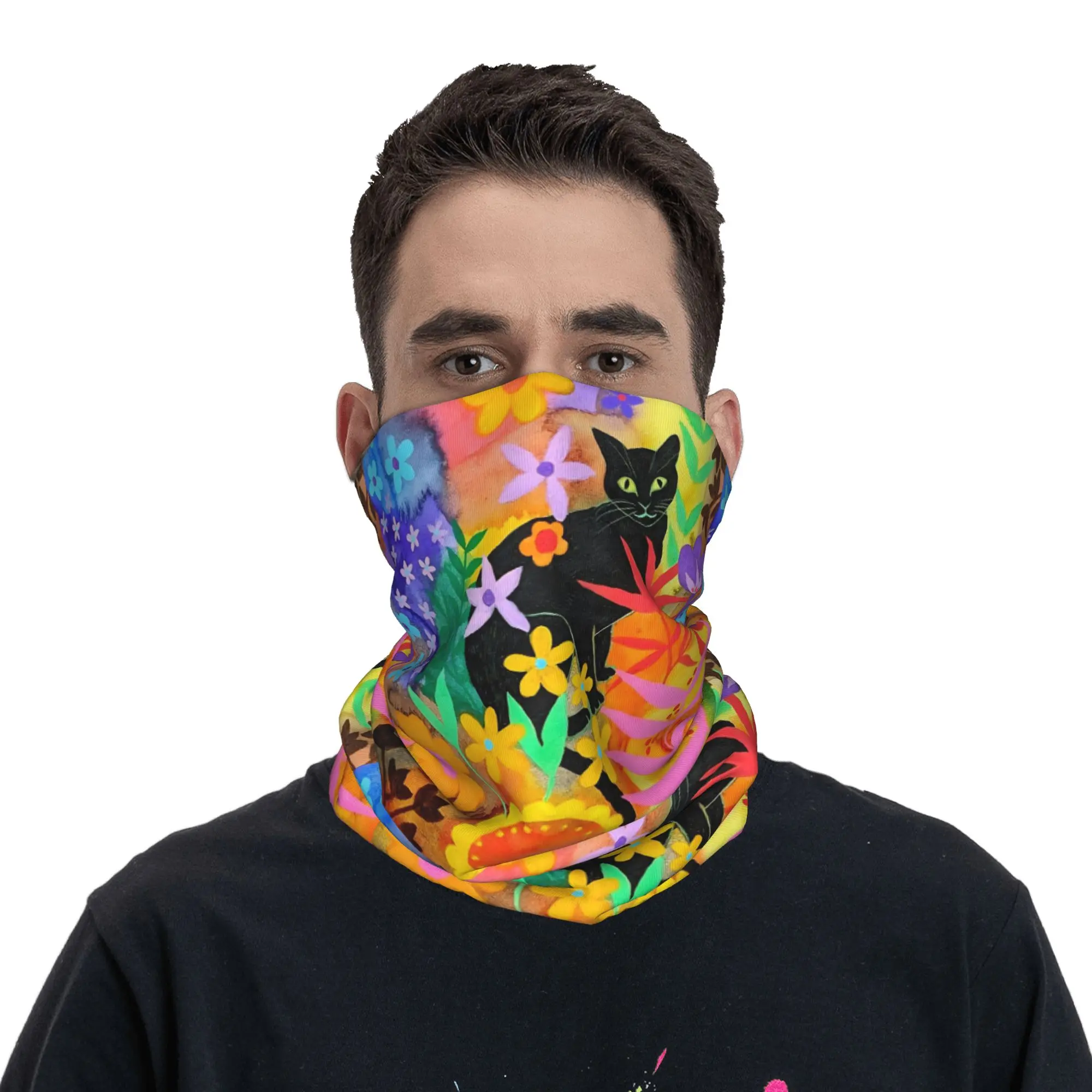 Black Cat in the Garden Bandana Neck Gaiter Printed Cats Pattern Wrap Scarf Multi-use Face Mask Hiking Unisex Adult Windproof
