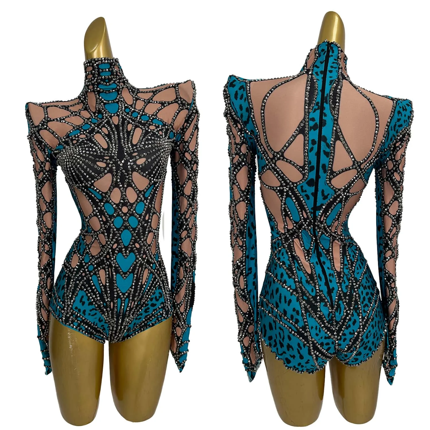 Blue Crystal Spider Web Tight Bodysuit Women Sexy Performance Singer Dancer Costume Show Stage Wear Nightclub Outfit Chongdong