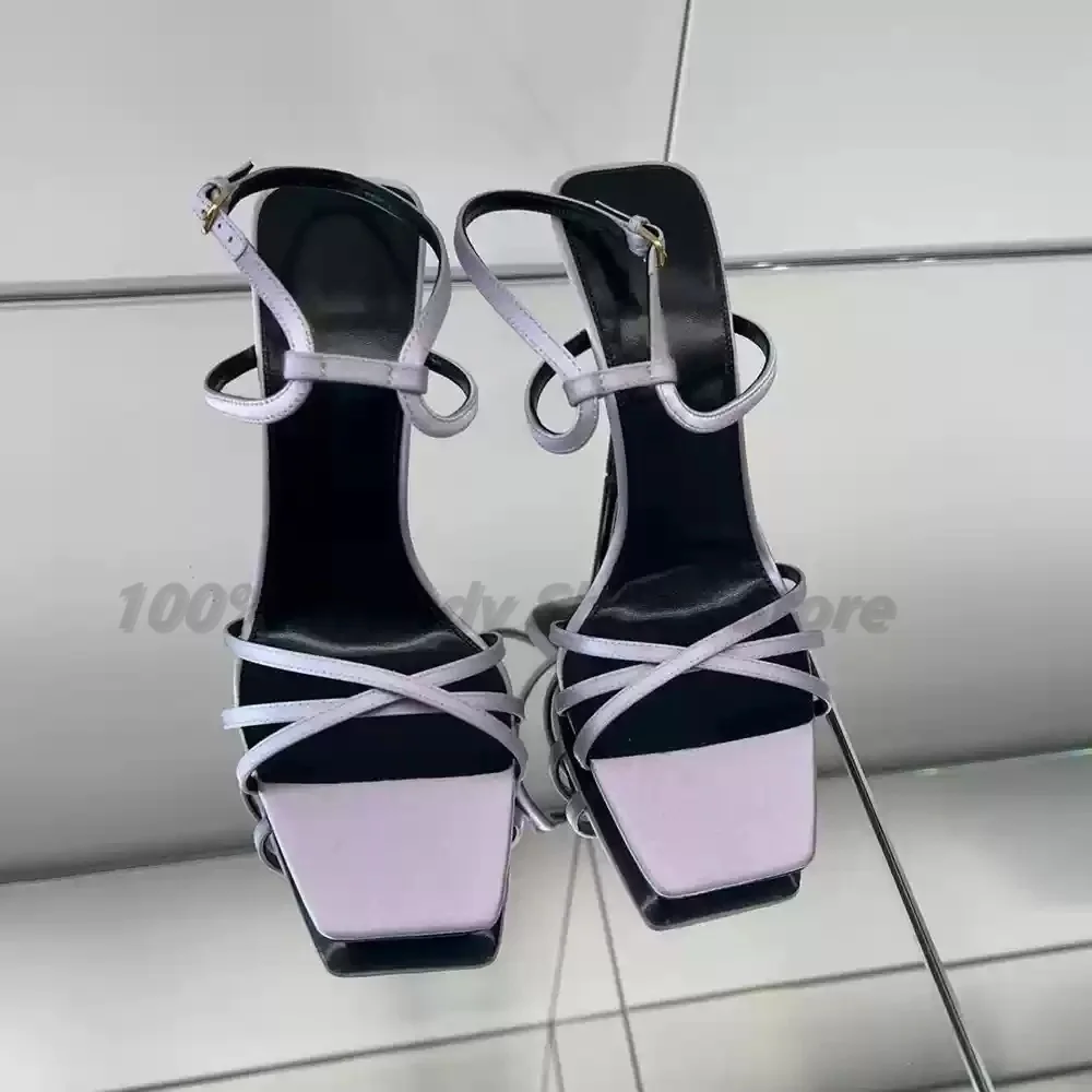 

Cross Strap Sandals for Women Pink Purple Silk HIgh-end Sense Straight Strap Thin HeelS Square Toe Open Toed High Heels