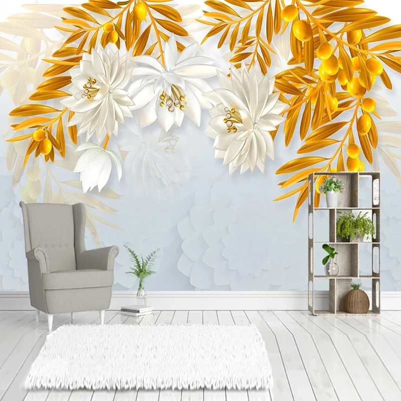 Modern Creative 3D Embossed Flowers Golden Leaves Fresco Wall Cloth Wallpaper Living Room TV Sofa Background Wall Decor 3D Mural