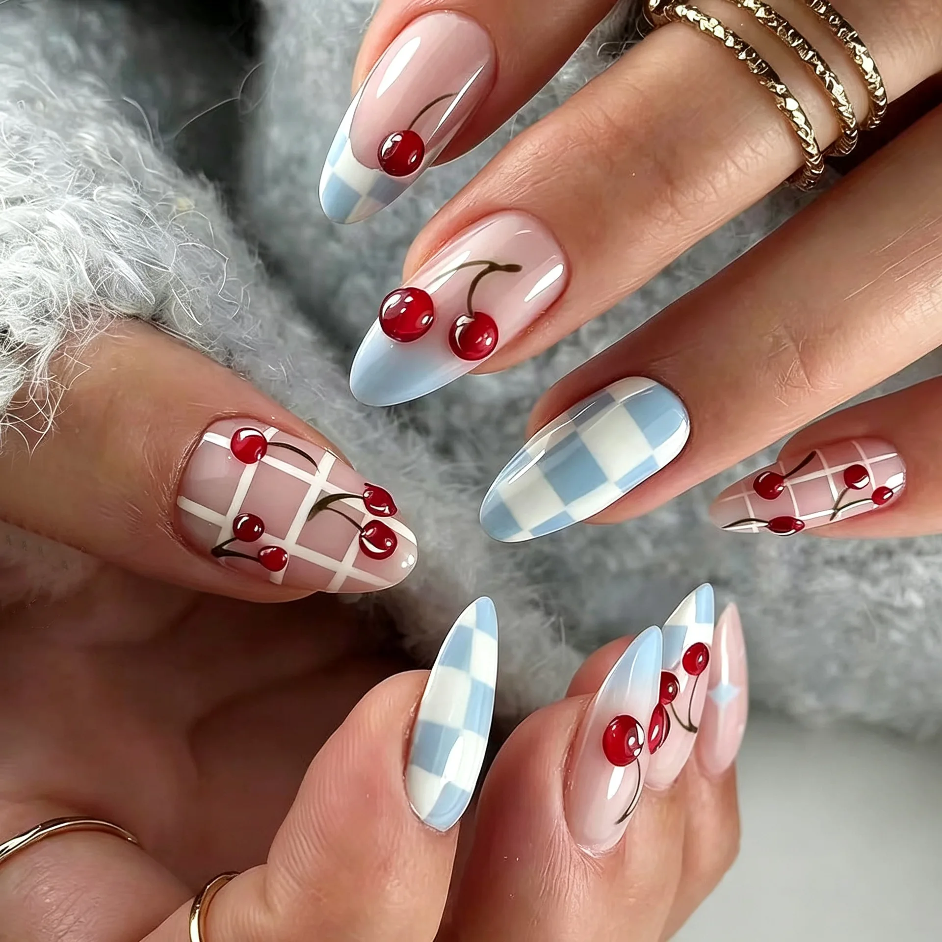24Pcs Full Cover Blue White Checkered French Fake Nails Wearable Mid-length Almond Cherry Press on Nail Reusable Oval False Nail