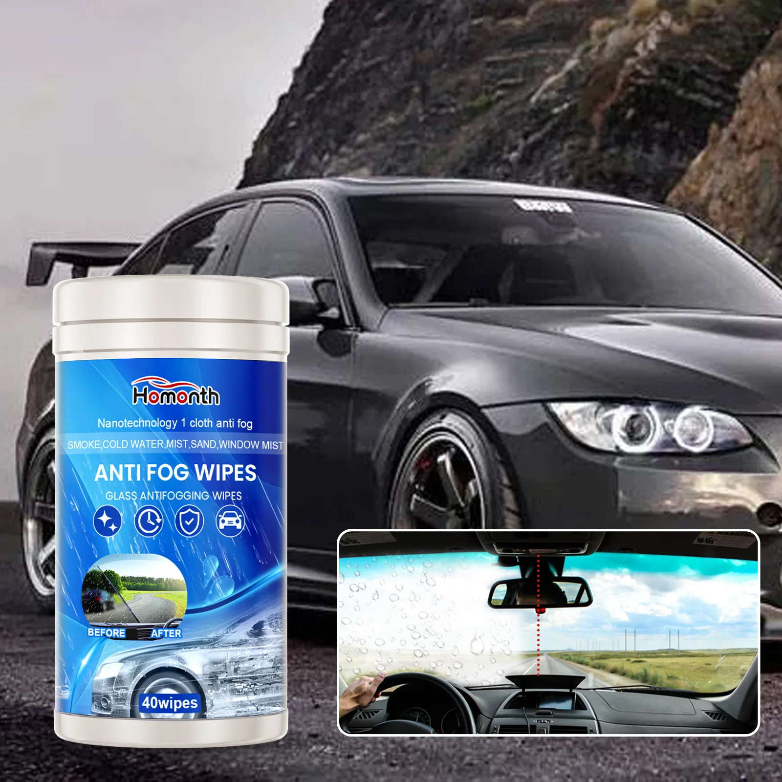 

40pcs Car Anti-Fog Wipes - for Windshield & Mirrors, Helps Maintain Clear Visibility in Rainy/Foggy Weather, Easy To Use